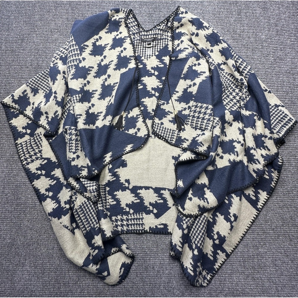 Marc New York Cape Sweater Womens One Size Blue Check Tassel Open‎ Knit Poncho